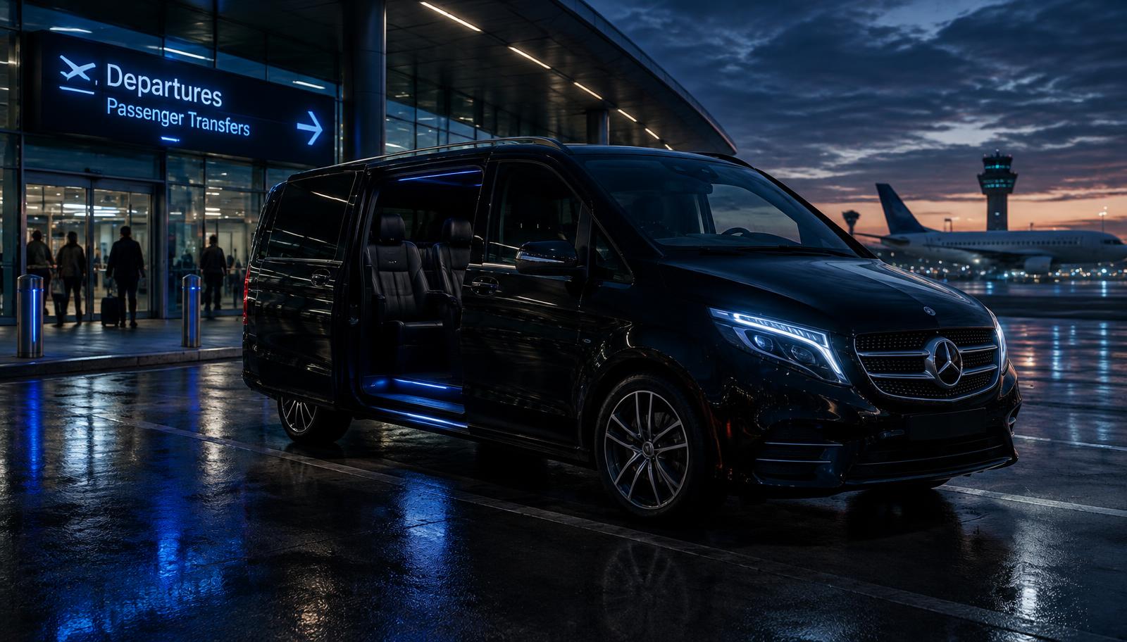 Kombi za prevoz potnikov pred letališkim terminalom
